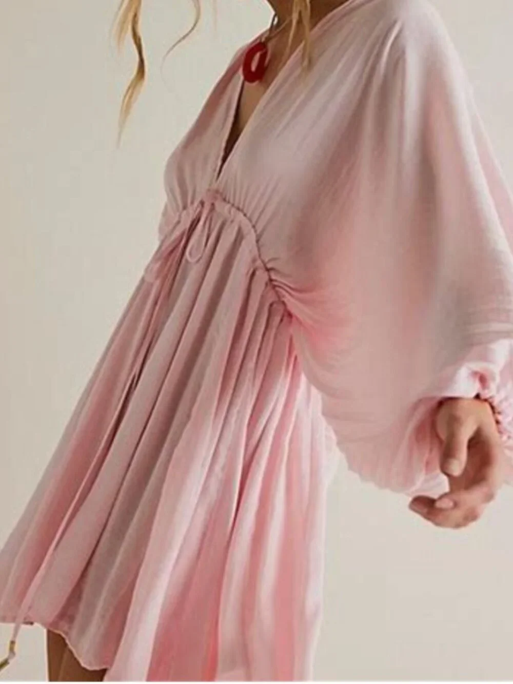 Free People Pink Boho Pleated Long Sleeve Mini Slip Dress S - Picture 1 of 8